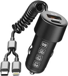 Chargeur de voiture rapide Xssive 60 W PD+QC3.0 avec câble Type-C vers 8 broches XSS-CC46CL – Noir