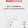 Chargeur rapide Xssive 20W PD GAN avec câble rétractable à 8 broches (iPhone)